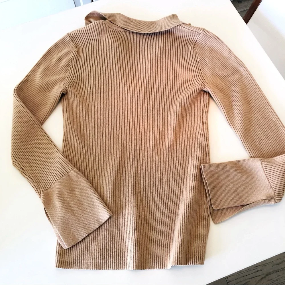 Boston Proper Ribbed Polo Sweater Tan Small Knit Preppy Classic